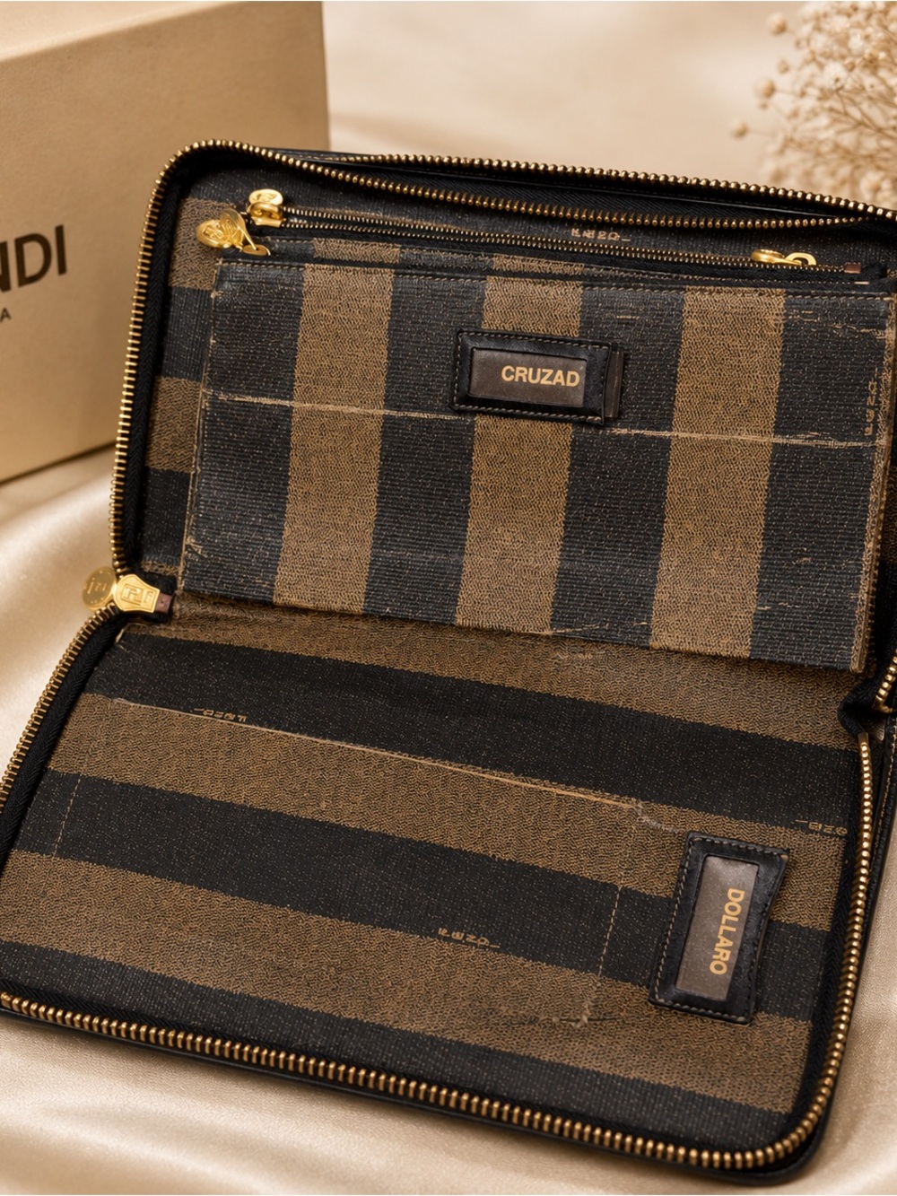 Fendi Pequin Stripe Zip-Around Travel Organizer / Document Wallet